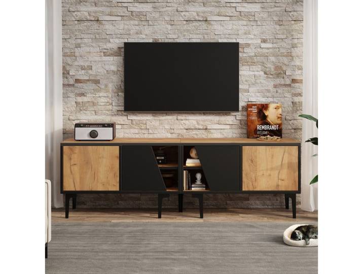 Meuble TV 160 Cm Bois Naturel Noir Banc TV Moderne FloraGrace Pour Salon 4 Compartiments Et 7 Pieds 160x36 5x45cm