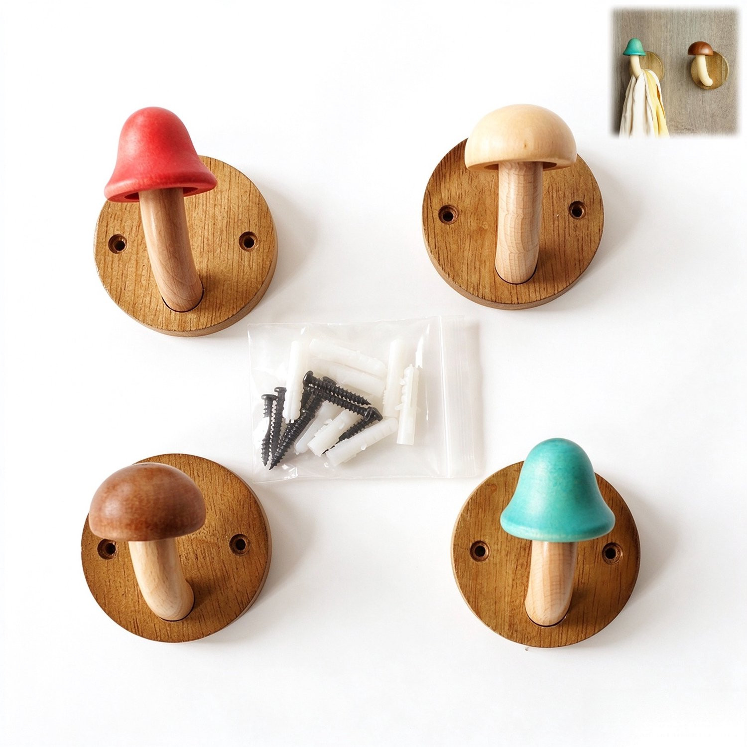 Set van 4 decoratieve houten paddenstoel wandhaken voor kleding en muurdecoratie