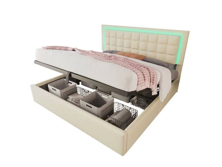 Doppelbett 160x200cm mit Stauraumbett und Lattenrost LED Lichtleiste weißes Kunstleder Inkl. Matratze