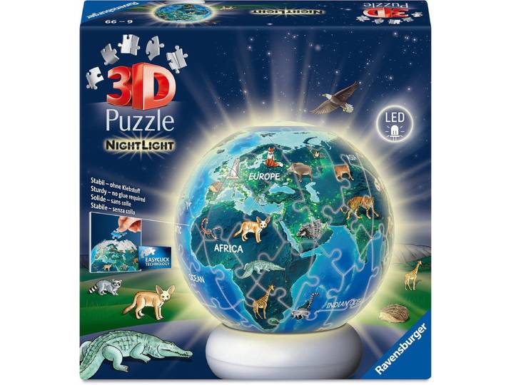 Ravensburger Aarde met Diermotieven - 3D Puzzle-Ball Nachtlicht - 73 stukjes