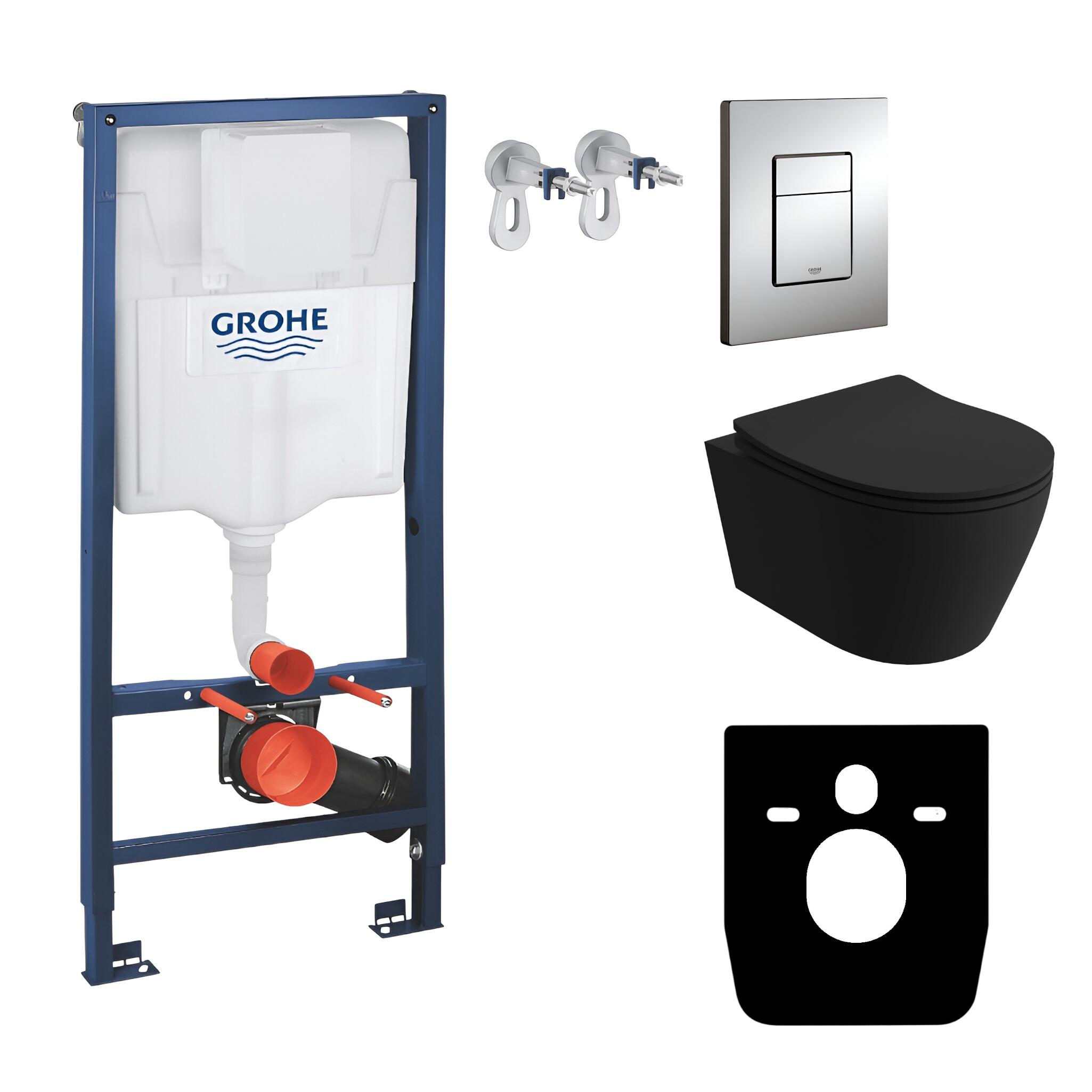 GROHE Vorwandelement Solido + Wand Hänge WC Praia Schwarz Spülrandlos + WC-Sitz SoftClose | Verchromter Knopf | Komplettset | Unterputz Spülkasten | Toilette Komplett Sett