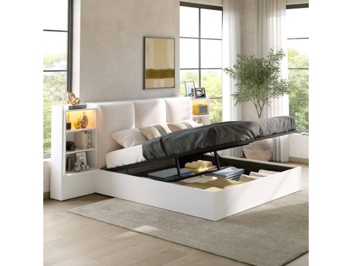 Holzbett Plattformbett 180x200 mit LED-Licht & Regal & Kopfteil, Weiß Multifunktionales Doppelbett Bettgestell 180x200 mit LED-Beleuchtung, Regal, Kopfteil, Kissen und Stauraum, Ohne Matratze