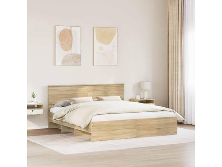 SKTQYQO Bettgestell Eiche Sonoma 200 x 200 cm Technisches Holz, integriertes Kopfteil, modernes Design, Doppelzimmer