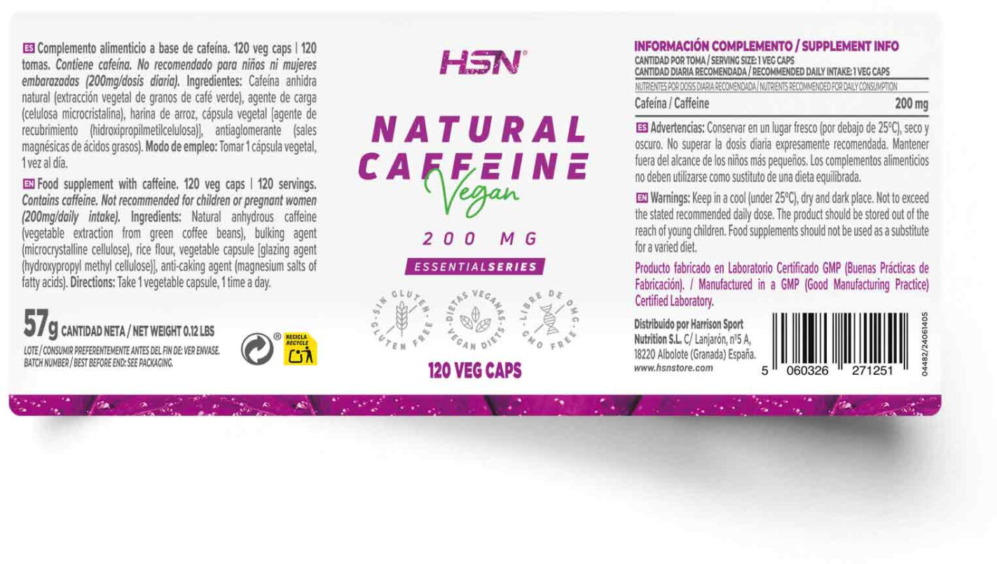 HSN Cafeína natural 200mg - 120 veg caps - Quemadores termogénicos - Cápsulas Vegetales - 120  Servicios