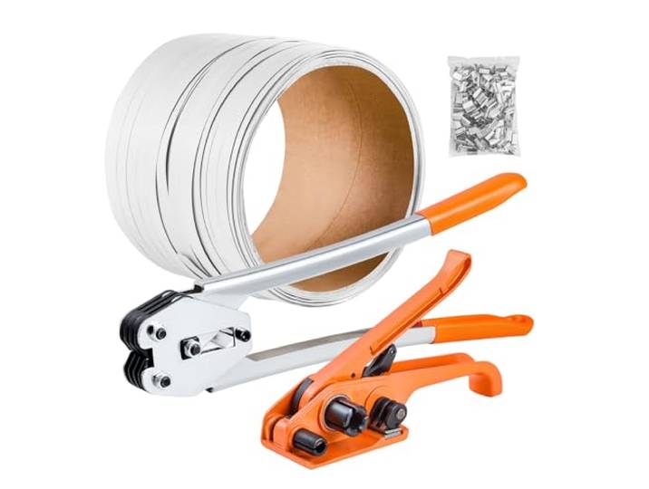 VEVOR Kit Cerclage Feuillard PP 100 m Kit Cerclage Palette Manuel avec Outil et Tendeur pour Emballage\, Entrepôts\, Déménagement\, Stockage\, Transport de Marchandises\, avec 100 Scellés en Métal\, Orange