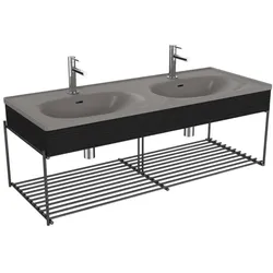 VitrA Equal Doppelmöbelwaschtisch-Set 66066 132,5x52cm, Möbelwaschtisch asymmetrisch, steingrau matt, mit Holzblende schwarz-eiche