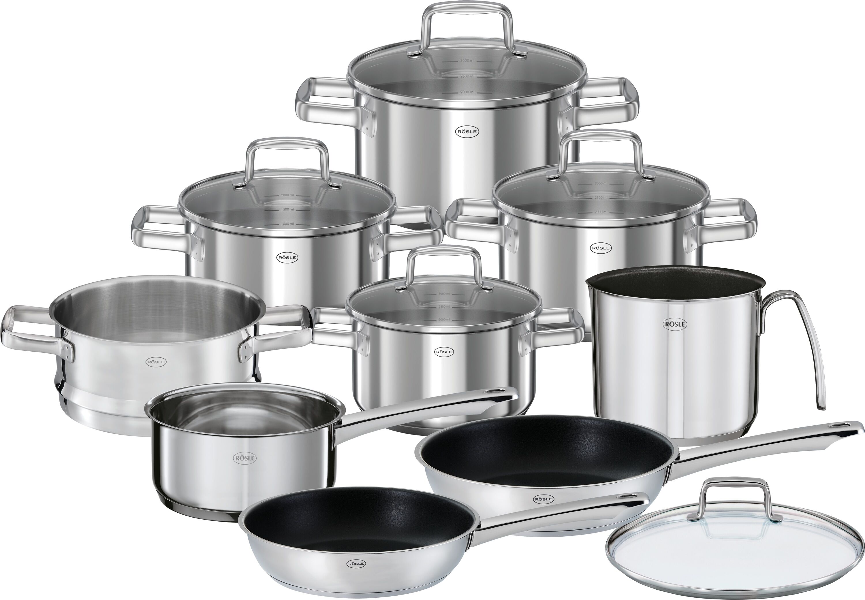 Topf-Set RÖSLE "MOMENTS, 10-tlg. Töpfe+Pfannen", silber (silberfarben), Töpfe, Topf-Set
