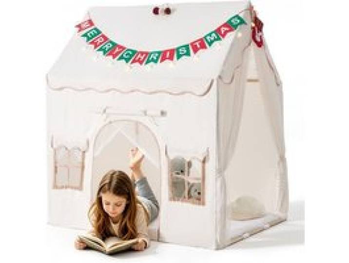 VEVOR Spielhaus Kinderzelt Spielzelt 2-in-1 Bettzelt 1250x1100x1400mm Beige, Kinderspielhaus für Kleinkinder, Rahmen aus Holz, mit Gepolsterter Matte, Sternenlichtern, Pompons & Atmungsaktivem Fenster