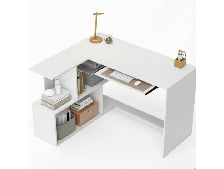 Bureau d'angle informatique en L blanc effet bois avec 4 compartiments et tablette clavier