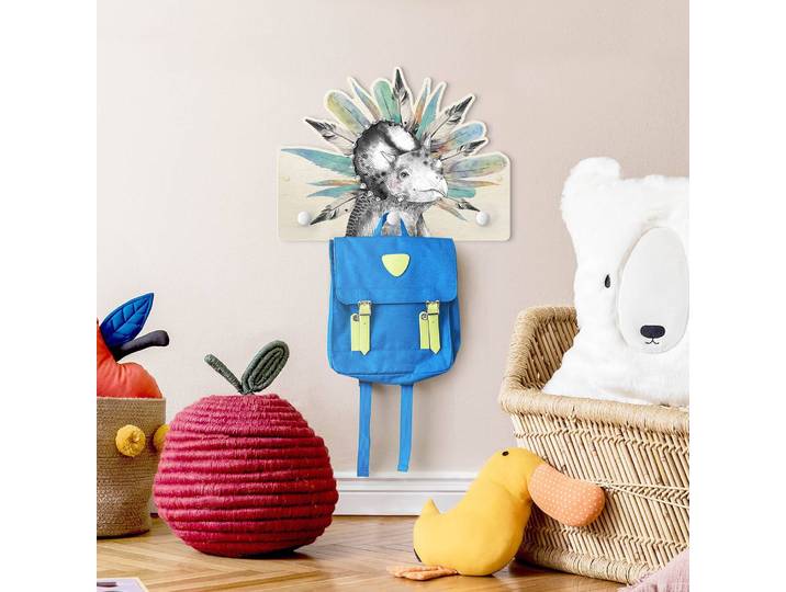 Patère enfants Bébé tricératops 40 x 30 x 1cm Blanc/Bleu/Noir