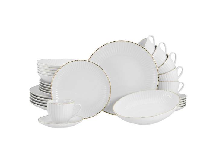 Creatable Kombiservice Allegra Goldband, Weiß, Goldfarben, Keramik, 30-teilig, 200 ml,200 ml, handbemalt, lebensmittelecht, stapelbar, Geschirr, Geschirrsets, Kombiservice