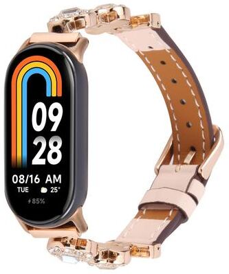 Inspired Deals Xiaomi Smart Band 9 8 Leather Watch Band With Metal Diamond Bracelet Elegant Replacement Strap rose Gold Pink