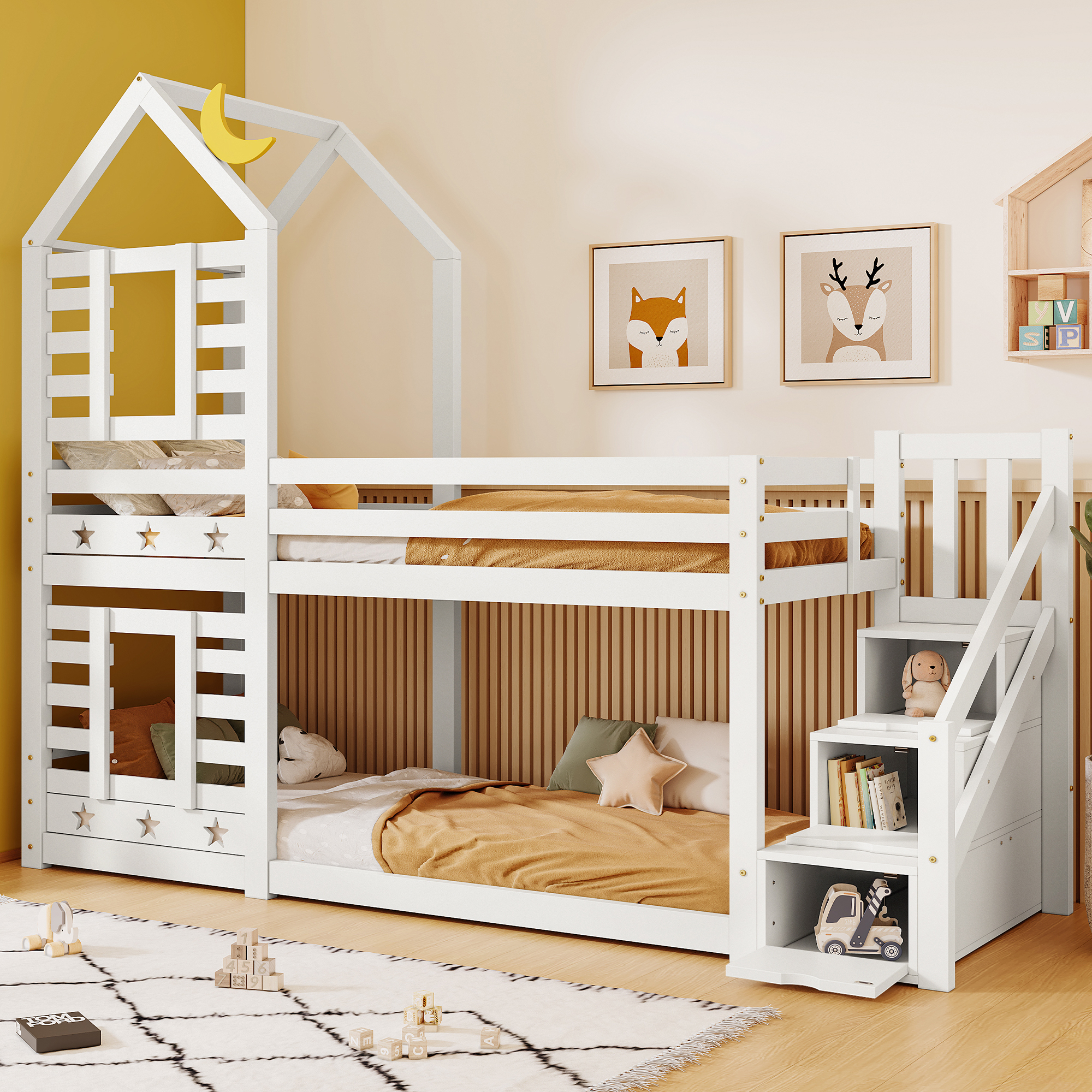 Etagenbett mit 2 Schlafgelegenheiten, Lattenrost und Treppe (90x200 cm), Kinderbett mit Rausfallschutz, Kiefer