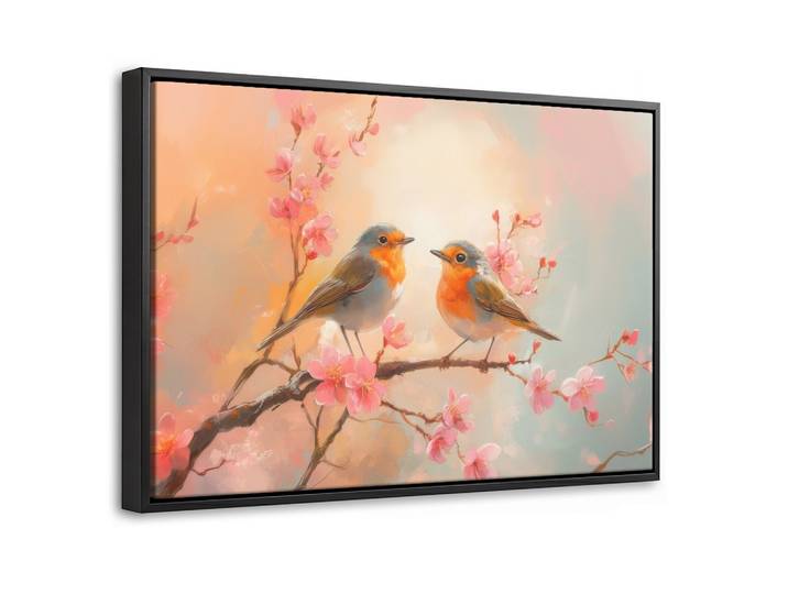 LEINWAND Bilder mit Rahmen - Rotkehlchen - Zierpflanze - Blütenzweig - 30x20