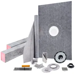 VEVOR Duschschwellen-Set, 48 x 72 Zoll wasserdichte Duschschwellenauflage mit 4 Zoll ABS-Mittelflansch, 4 Zoll Edelstahlgitter, 2 zuschneidbare Duschschwellen und Kelle, Duschwannen-Gefällestäbe passend für Badewanne
