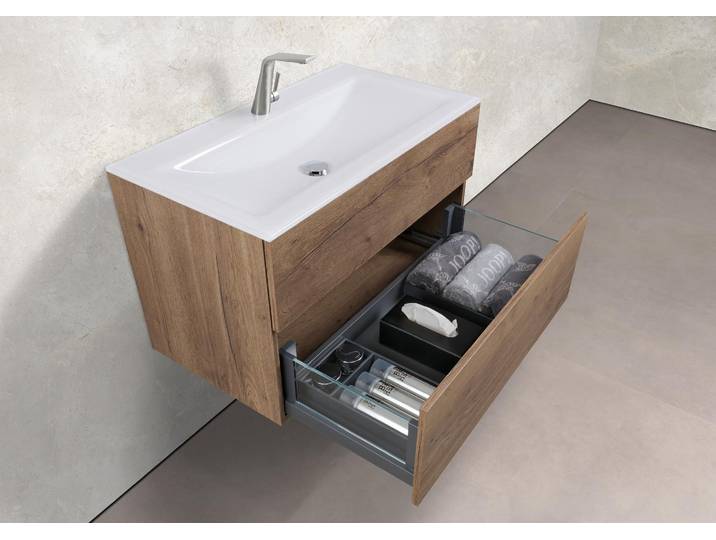 Zafiro - Badmöbelset 90 cm mit Glaswaschbecken Optiwhite und grifflosem Unterschrank