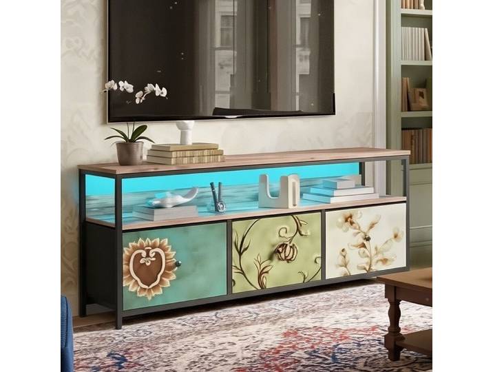 Meuble TV 137cm - 3 Tiroirs Multicolores - Style Industriel Bohème - Bois Tigré et Tissu