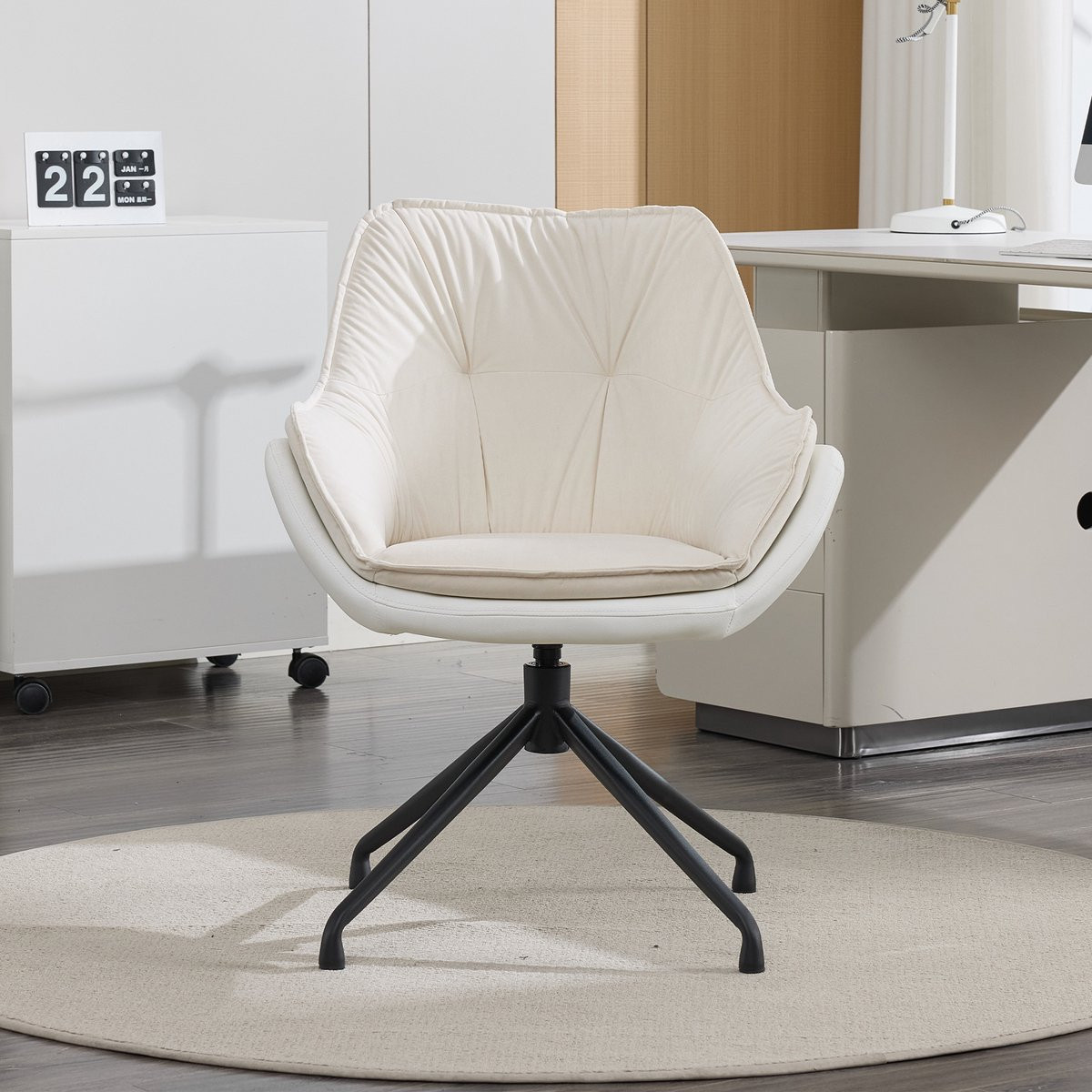 Wishdor Bureaustoel met vaste armleuningen, 360 graden draaibaar met automatische terugkeer, Kunstleer, Beige, Vierpoot, Ergonomische brede zitting