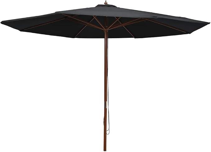 Sonnenschirm mit Holzmast 350 cm Schwarz UV-Sonnenschutz mit Doppel-Flaschenzug, wetterfester Polyesterbespannung, stabilem Bambusrahmen, knickbar und neigbar für Garten Balkon Terrasse