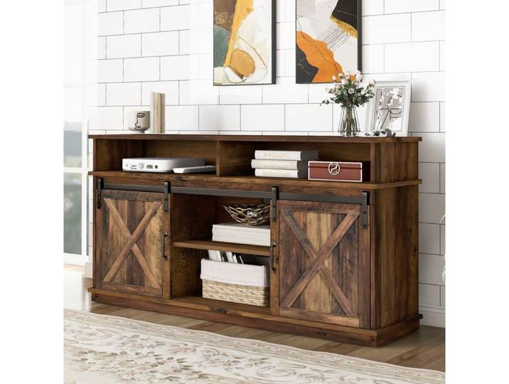 Meuble TV 148x40x78 cm avec portes coulissantes étagères réglables et rangements bois marron rustique