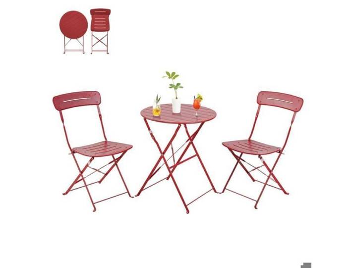 Ensemble mobilier jardin bistrot 3 pièces pliant - table et chaises balcon structure métal revêtement poudre Rouge Rainure