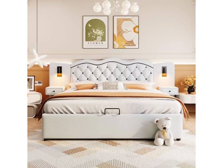 Lit double coffre 180x200 cm lit rembourré connecteur USB 2 lampes de chevet Beige