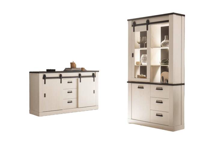 Furn.Design Esszimmer-Set weiß Pinie, anthrazit Landhaus, Wohnkombination 2-teilig, Weiß, Anthrazit, Nachbildung,Pinie, 275x201x43 cm, Esszimmer