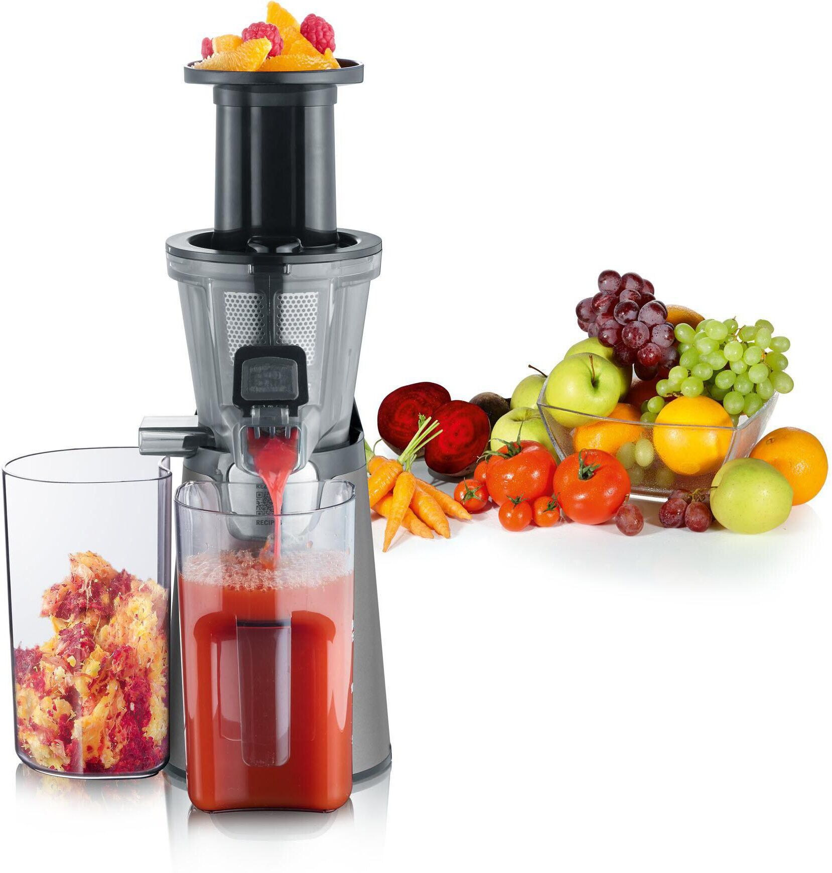 Severin Slow Juicer "Slow Juicer ES 3571", schwarz (schwarz, grau, silberfarben), B:26cm H:42cm T:22cm, Entsafter, Anti-Rutsch-Füsse, Reinigungsbürste, Saftauffangbehälter, Siebeinsatz, Slow Juicer schwarz, grau, silberfarben Einheitsgröße