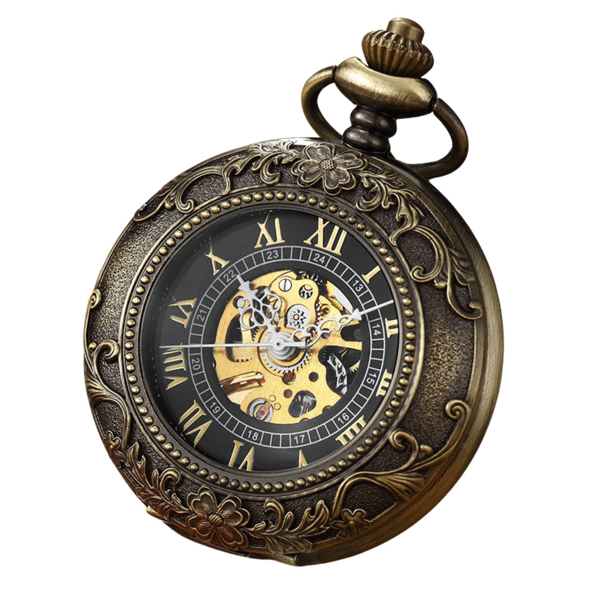 Vinatage Taschenuhr mit Skelett-Halbjäger-Motiv, Bronze, mechanische Legierung