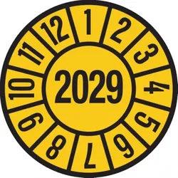 König Werbeanlagen Dreifke® Prüfplakette gelb/schwarz 2029 - 35 mm Folie selbstklebend