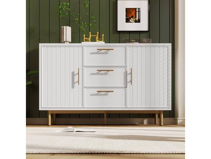 Merax Sideboard Kommode mit 2 Türen und 3 Schubladen, Weiß Modern Buffetschrank Beistellschrank mit viel Stauraum, Verstellbare Ablage, Metallbeinen, für Flur Schlafzimmer Wohnzimmer, 120x40x75cm