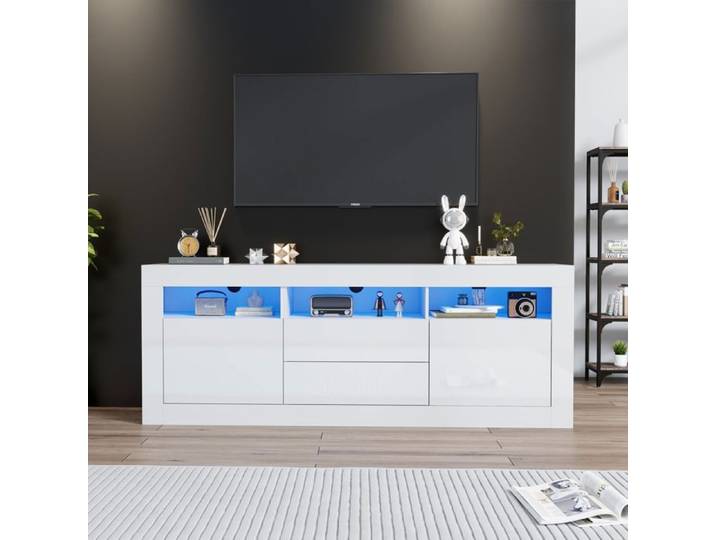 Meuble TV Blanc Haut Brillant avec Eclairage LED 2 Portes 2 Tiroirs Compartiments Armoire TV Blanc#160 x 35 x 60 cm#Meuble TV