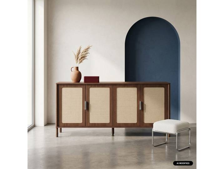 Sweeek - Buffet Vintage Décor Bois Et Cannage 4 Portes 160cm Noyer - Etta