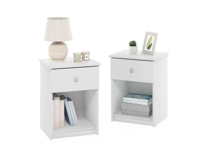 Furinno TIDUR Set of 2, moderner Nachttisch mit Schublade mit Aufbewahrungsregal, Beistelltisch, Knopfgriff-Schublade, für Schlafzimmer, Wohnzimmer, Schlicht Weiß