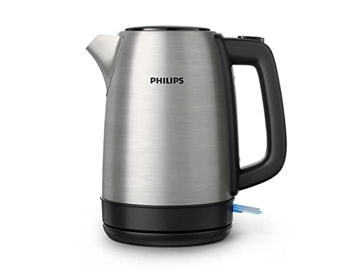 Philips Bouilloire Électrique Daily\, 1\,7L\, Ébullition rapide\, Inox Tamis Anti-Calcaire\, Résistance plate\, Base 360° sans fil\, Couvercle à ressor\, Corps en acier inoxydable (HD9350/90)