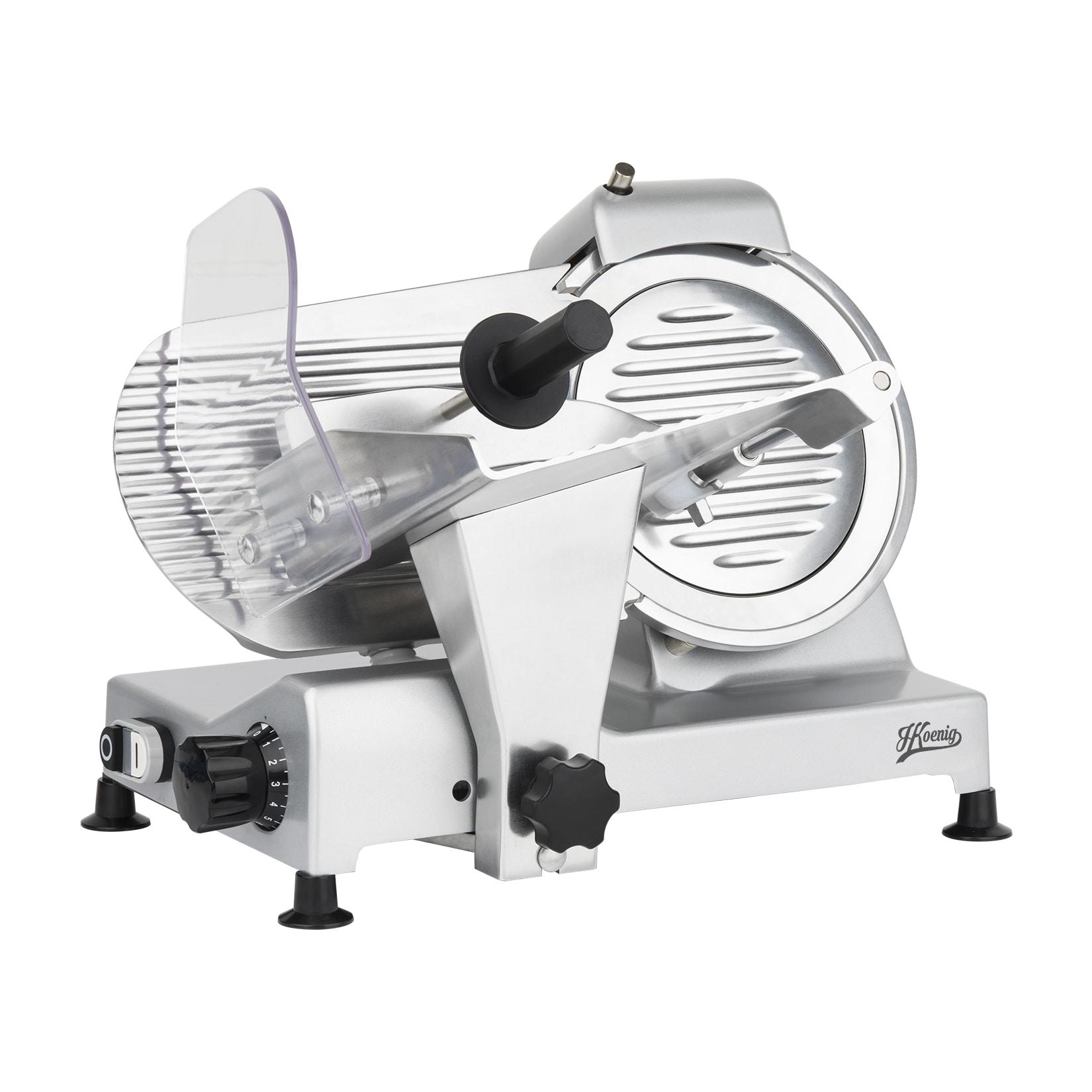 H.Koenig Elektrischer Alleschneider MSX220, professionell, Schnitt 0-12 mm, italienische Klinge 20 cm, eingebauter Schärfer, 282 rpm, Silber