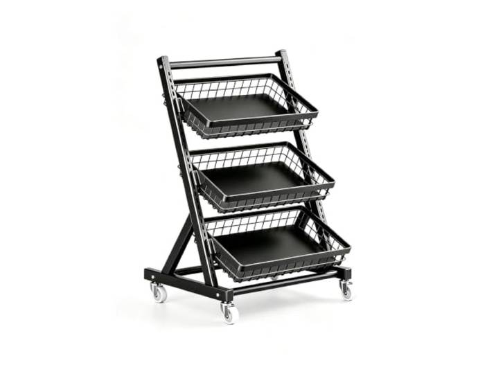 3/4/5Tier Supermarkt Snack Regal Anzeige Stand,Einzelhandels-Display Regale Freistehendes schwarzes schräges großes Metall-Snackregal auf Rollen,für Arbeitsplatten,Küche Laden(3 baskets)