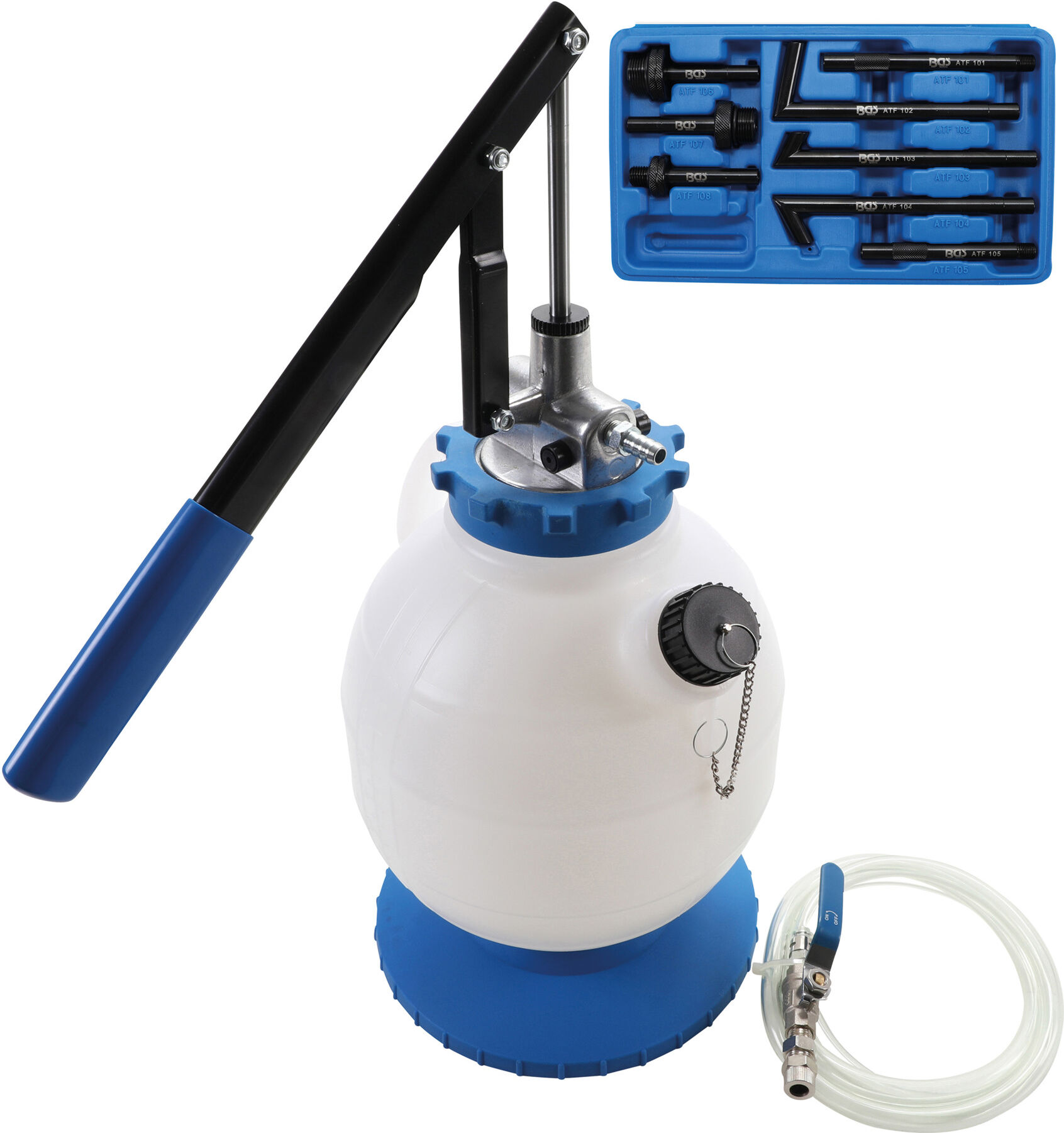 BGS Technic Getriebeöl-Befüllgerät mit Handpumpe mit 8 Adaptern 7 l aus Metall und Kunststoff für Getriebe mit verschiedenen Anschlüssen, 9992)
