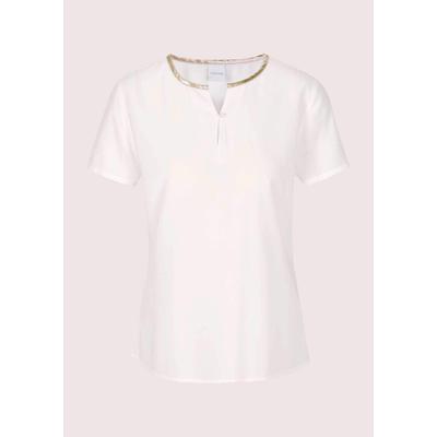 Kurzarmbluse MADELEINE "Blusenshirt Schlupfbluse mit Kontrastpaspel", Damen, Gr. 46, weiß (wollweiß, goldfarben), Obermaterial: 100% Viskose CV., Modern, gerade, Blusen, Paspel