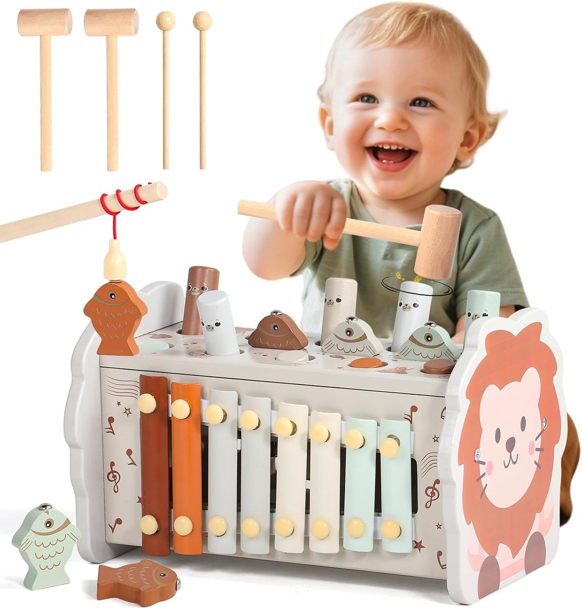 Montessori 4-in-1 houten educatief speelgoed met babyxylofoon en doolhof, taupe en perzik