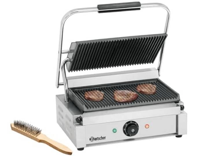 Bartscher Kontaktgrill Panini 1R – gerillte Gussplatten emailliert, 2,2 kW, Edelstahlgehäuse, für Gastronomie, mit Reinigungsbürste, silbergrau