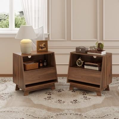 OSFEI "27"" Mid-Century Walnut Nightstand, Slanted Side Sofa End Table with Drawer, Open Storage & Cable Hole"