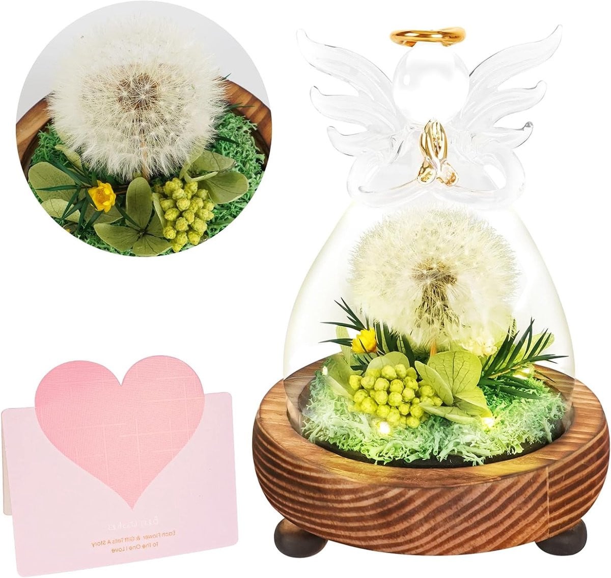 Decoratief Engel Beeldje met Dandelion in Glas en LED Licht