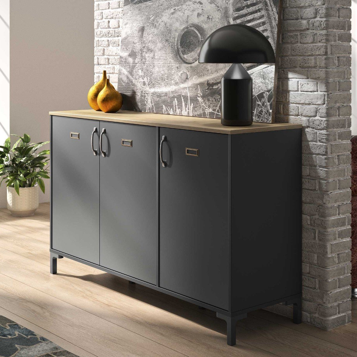 Industrieel Dressoir Manno Diagone met 3 deuren - Zwart - Breedte: 136 cm