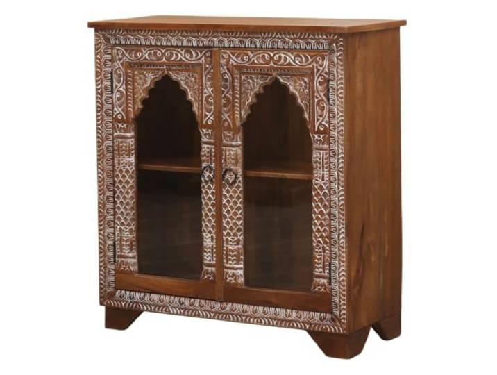 Kommode Nahal mit Glasdetails in Naturbraun im Vintage-Stil 106 cm Kommode Nahal besteht aus Mango-Massivholz. Glasdetails ergänzen die natürliche Holzmaserung und die Gestaltung der Front.