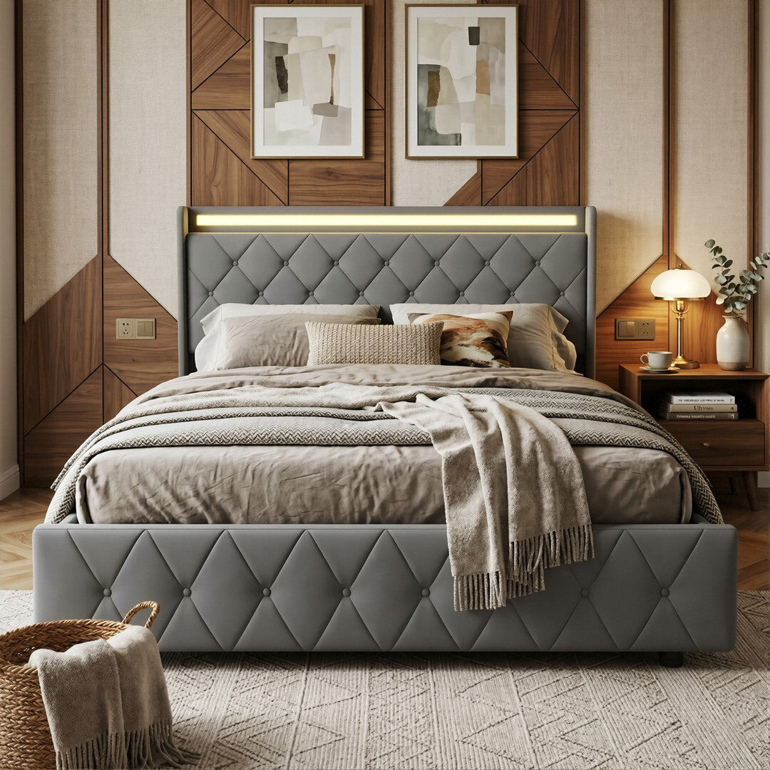 Ivy Bronx Smart Velvet Bed Frame with LED Charging Headboard, Tufted Upholstered Frame with Storage Drawers, Grey/Beige in Multiple Size (EU Single, Double & Ki Grey European Double (140 x 200 cm)