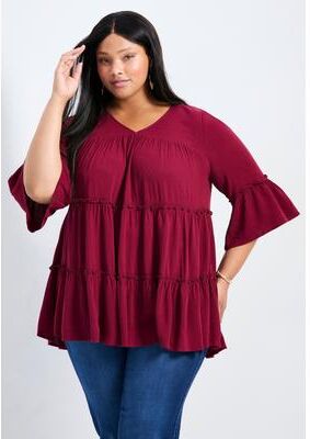 Plus Size Women's Amy Tiered Bell Sleeve Blouse by Avenue in Berry (Size 16)