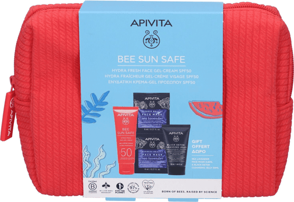 Apivita Bee Sun Safe Hydra Fresh Set Solare Crema Gel Viso SPF50 + Maschera Viso Idratante + Black Detox e Pochette in Regalo