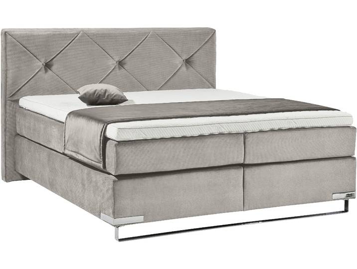 Boxspringbett MUSTERRING Dubai , grau (d 041 grau), B:197cm L:214cm, Komplettbetten, Boxspringbett, Winkelfuss in Chrom, 3 Härtegrade, Kopfteil in Kassettensteppung