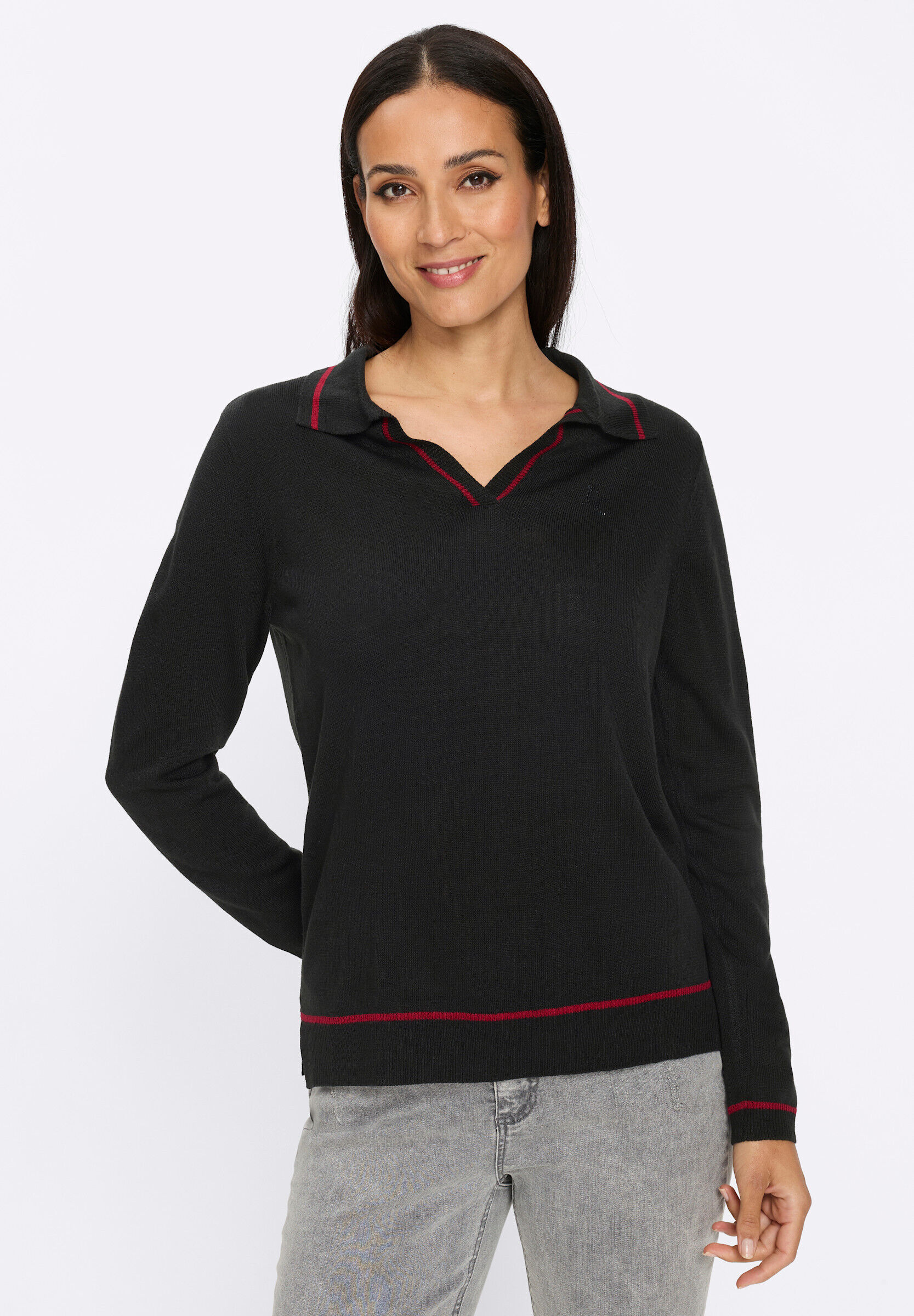 Strickpullover HEINE "Pullover Langarm-Pullover mit Saum-Schlitzen", Damen, Gr. 34, schwarz, Jersey, , Modisch, V-Ausschnitt, Pullover Strickpullover